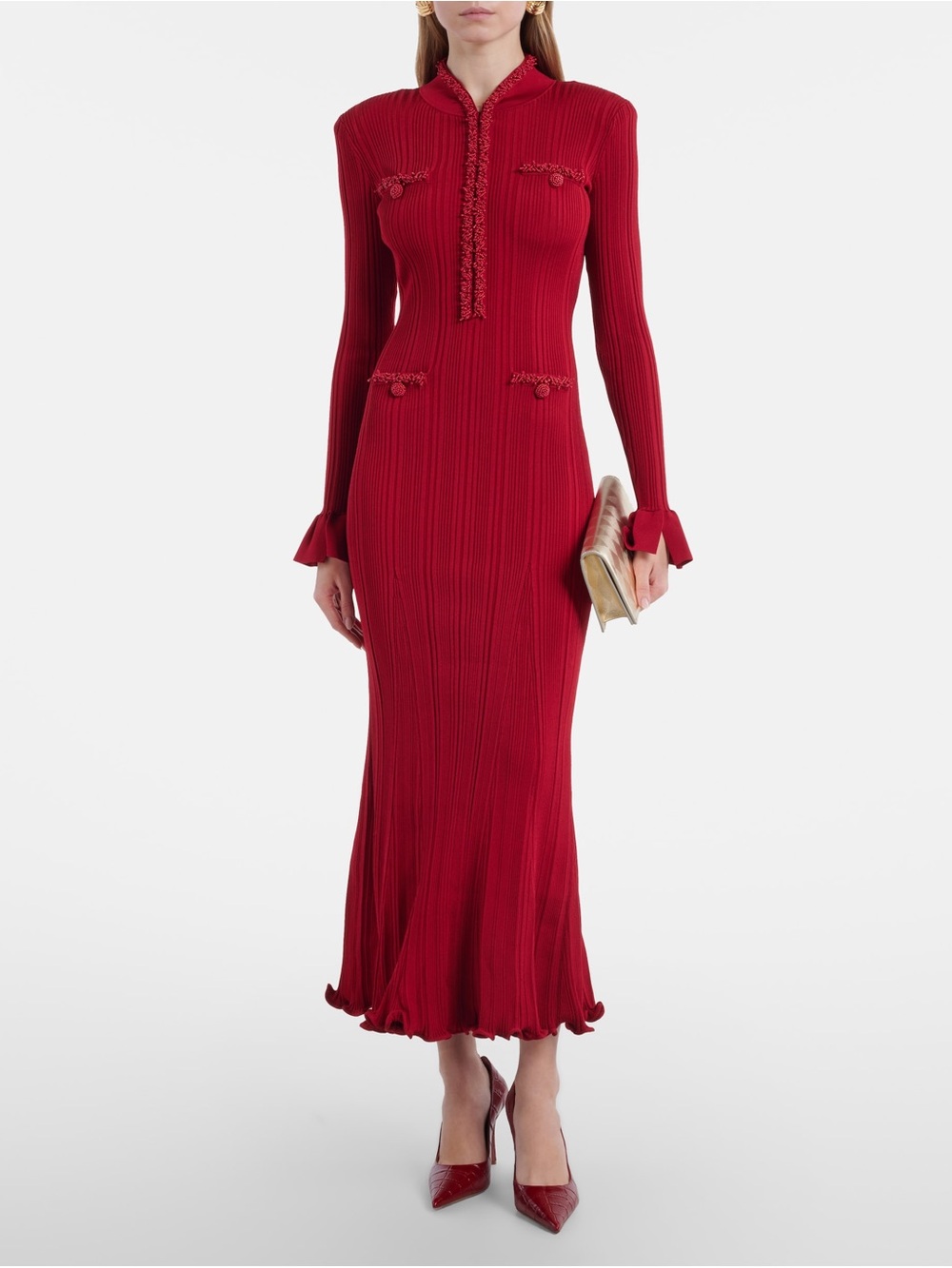 INSPIRED - Self-Portrait Scarlet Red Ribbed Long-Sleeve Maxi Dress